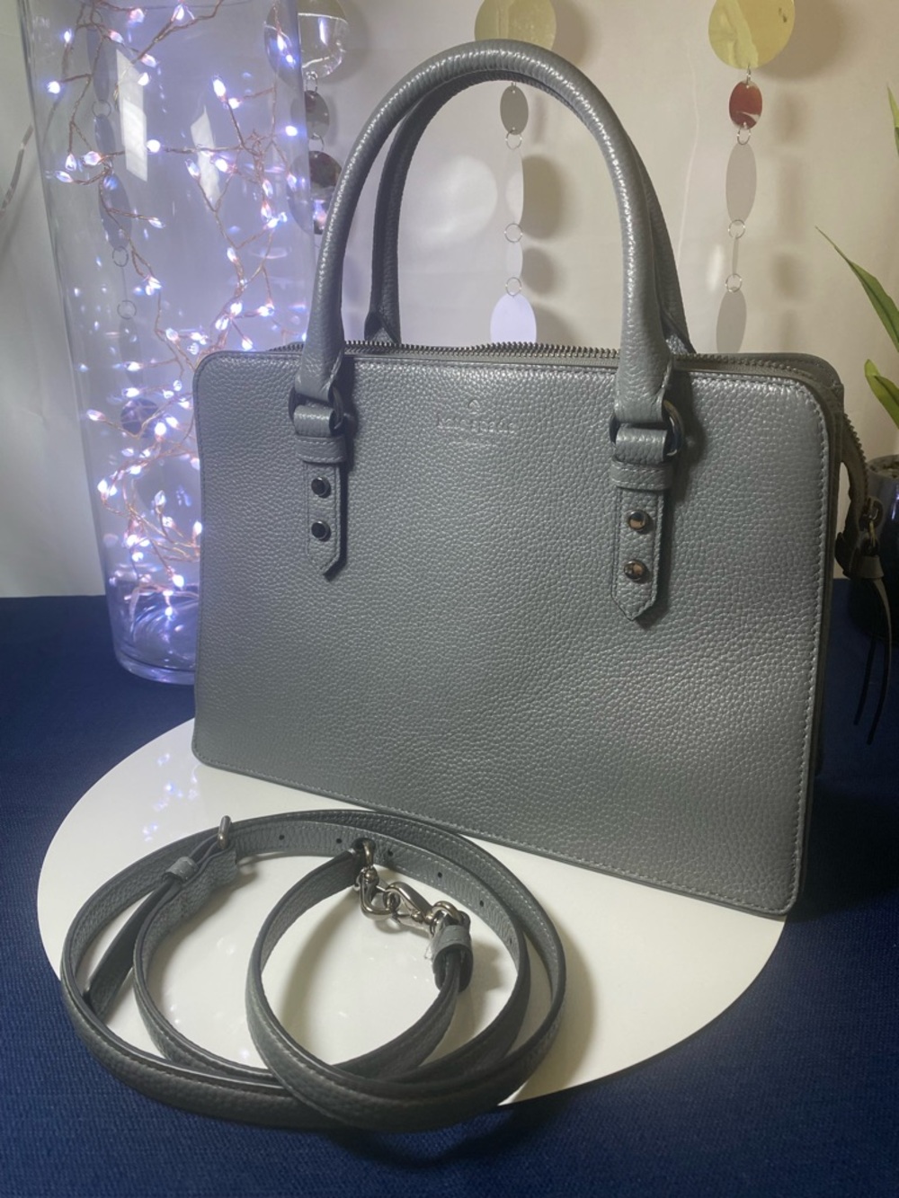 Kate Spade ♠️ Gray Pebbled Leather Satchel with Cream Lining
